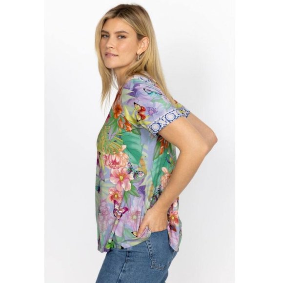 Johnny Was Cozumel Favorite Swing Tee Shirt Floral Butterfly Top Violet Green NW - Picture 11 of 16